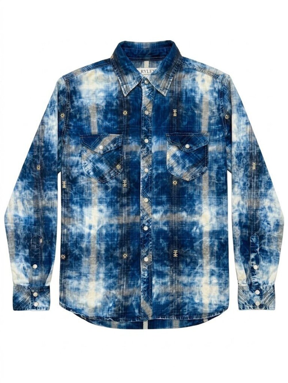 Ryan Michael Men's M Indigo Acid Wash Plaid Western Pearl Snap Shirt Embroidered